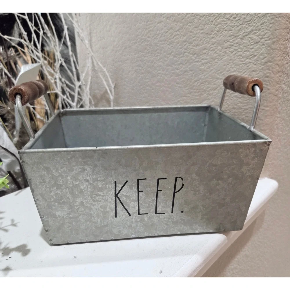 Rae Dunn Galvanized Metal Storage Bin Basket KEEP with Wood Handles Farmhouse